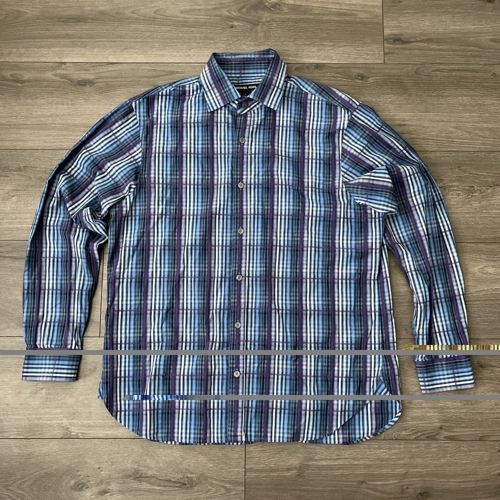 Michael Kors Classic Fit Mens L Purple Blue Plaid Button Up Shirt Long Sleeve